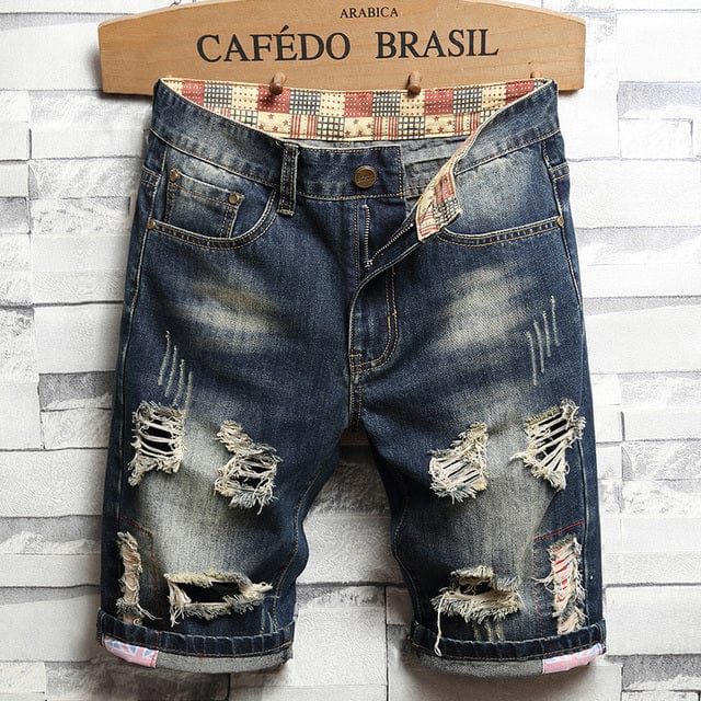 2022 Summer New Men Vintage Ripped Short Jeans Streetwear Hole Slim Denim Shorts Male Brand Clothes