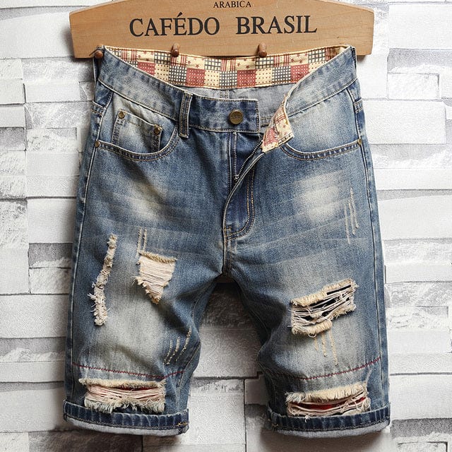 2022 Summer New Men Vintage Ripped Short Jeans Streetwear Hole Slim Denim Shorts Male Brand Clothes