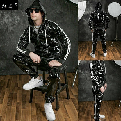 Autumn And Winter Men Set Fashion Pu Hoodie Motorcycle Casual Jogging Jacket Sports Suit