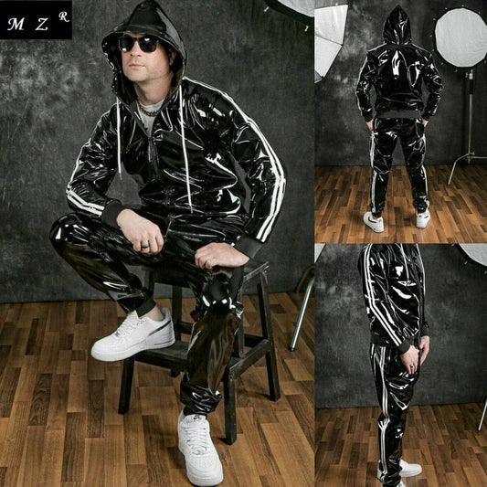 2021 Autumn And Winter Men Set Fashion Pu Hoodie Motorcycle Casual Jogging Jacket Sports Suit