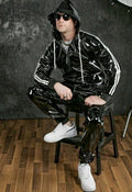 Autumn And Winter Men Set Fashion Pu Hoodie Motorcycle Casual Jogging Jacket Sports Suit