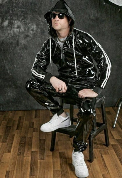 Autumn And Winter Men Set Fashion Pu Hoodie Motorcycle Casual Jogging Jacket Sports Suit