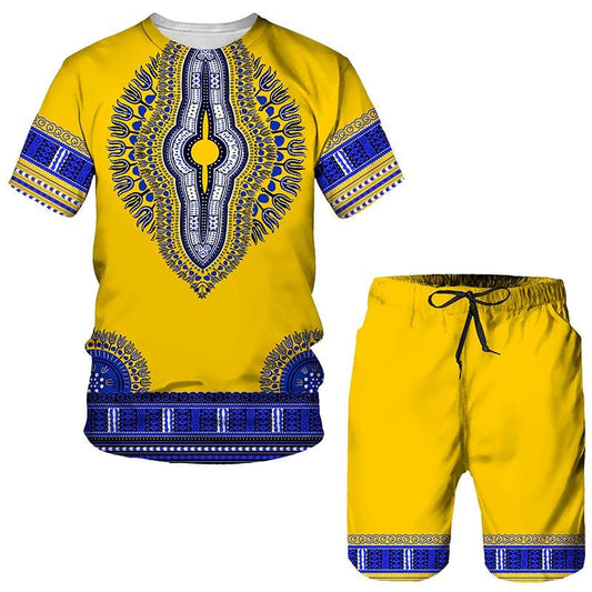 Summer 3D African Print Casual Men Shorts Suits Couple Outfits Vintage Style Hip Hop T Shirts +Shorts Male/Female Tracksuit Set