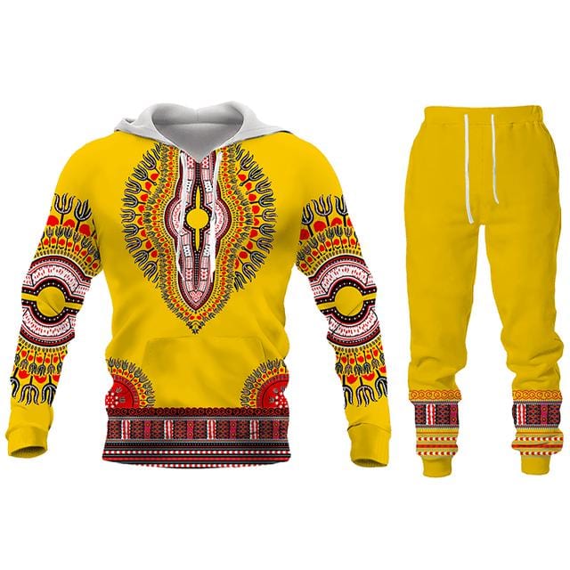 Hanorac cu imprimeu african Hanorac și pantaloni Set 2 piese Trening de modă pentru bărbați, cu mânecă lungă, toamnă iarna Costum de îmbrăcăminte pentru bărbați