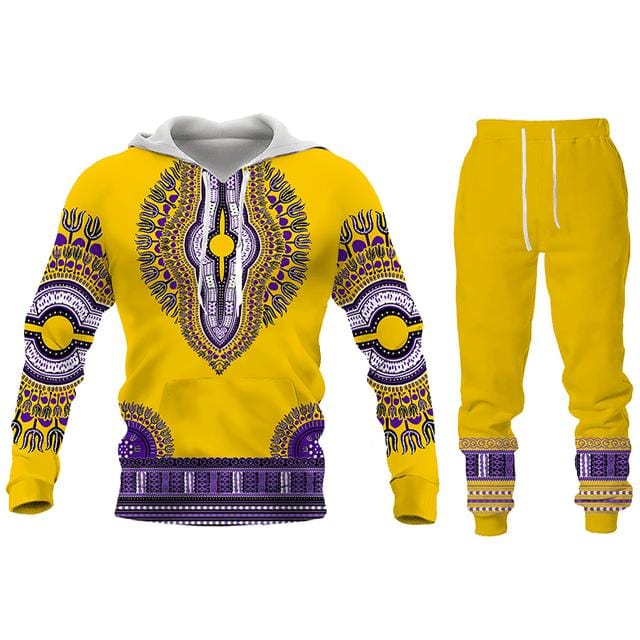 Hanorac cu imprimeu african Hanorac și pantaloni Set 2 piese Trening de modă pentru bărbați, cu mânecă lungă, toamnă iarna Costum de îmbrăcăminte pentru bărbați