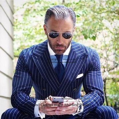 Royal Blue Rope Stripe Men's Slim Fit Business Suits Double Breasted Lapel Prom Blazer Custom Made Jacket and Pants for Party