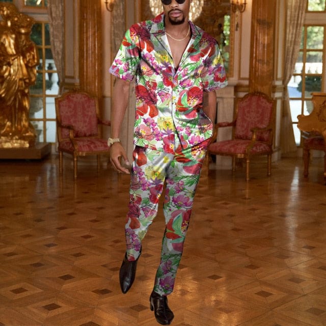 Men Casual Two Piece Sets Fashion Print Short Sleeve Shirts And Long Pant Suit Men&#39;s 2022 Spring Summer Loose Outfits Streetwear