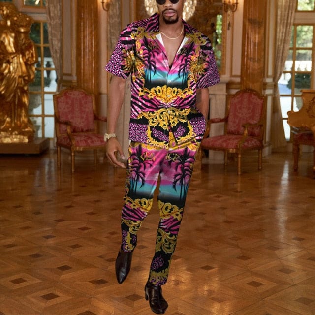 Men Casual Two Piece Sets Fashion Print Short Sleeve Shirts And Long Pant Suit Men&#39;s 2022 Spring Summer Loose Outfits Streetwear