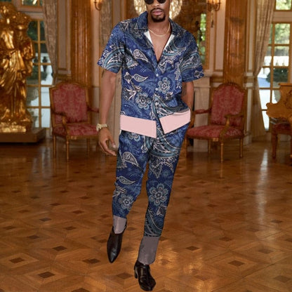 Men Casual Two Piece Sets Fashion Print Short Sleeve Shirts And Long Pant Suit Men's  Spring Summer Loose Outfits Streetwear