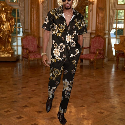 Men Casual Two Piece Sets Fashion Print Short Sleeve Shirts And Long Pant Suit Men's  Spring Summer Loose Outfits Streetwear