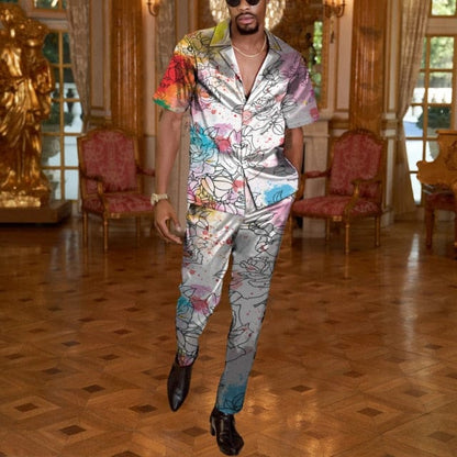 Men Casual Two Piece Sets Fashion Print Short Sleeve Shirts And Long Pant Suit Men's  Spring Summer Loose Outfits Streetwear