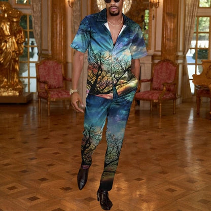 Men Casual Two Piece Sets Fashion Print Short Sleeve Shirts And Long Pant Suit Men's  Spring Summer Loose Outfits Streetwear