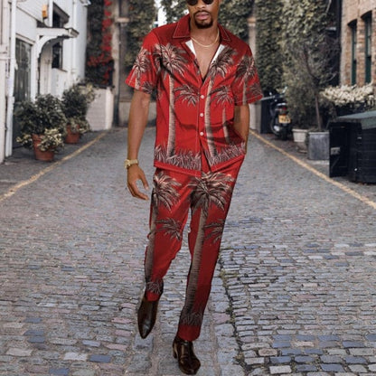 Men Casual Two Piece Sets Fashion Print Short Sleeve Shirts And Long Pant Suit Men's  Spring Summer Loose Outfits Streetwear