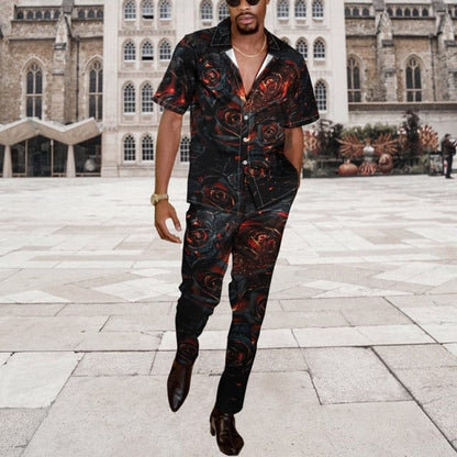 Men Casual Two Piece Sets Fashion Print Short Sleeve Shirts And Long Pant Suit Men's  Spring Summer Loose Outfits Streetwear