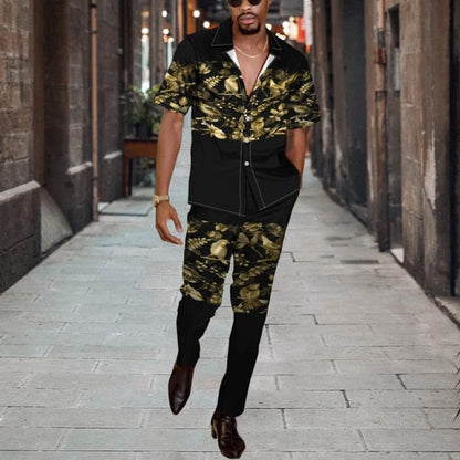 Men Casual Two Piece Sets Fashion Print Short Sleeve Shirts And Long Pant Suit Men's  Spring Summer Loose Outfits Streetwear