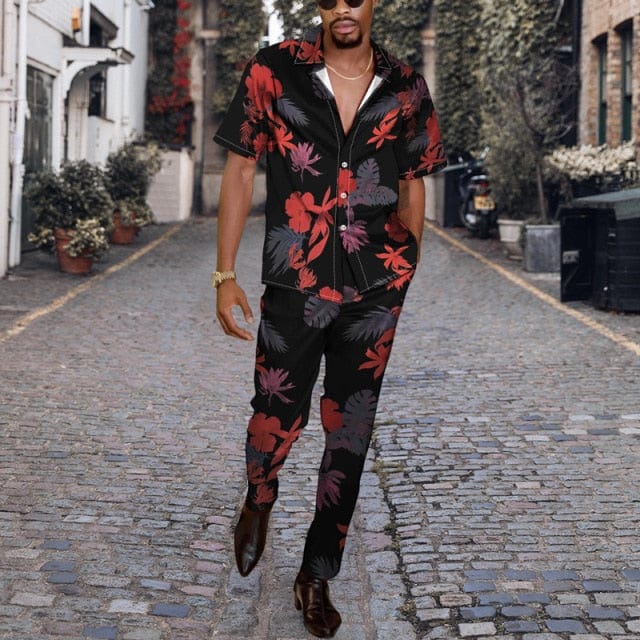 Men Casual Two Piece Sets Fashion Print Short Sleeve Shirts And Long Pant Suit Men&#39;s 2022 Spring Summer Loose Outfits Streetwear