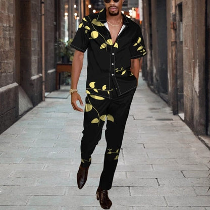 Men Casual Two Piece Sets Fashion Print Short Sleeve Shirts And Long Pant Suit Men's  Spring Summer Loose Outfits Streetwear