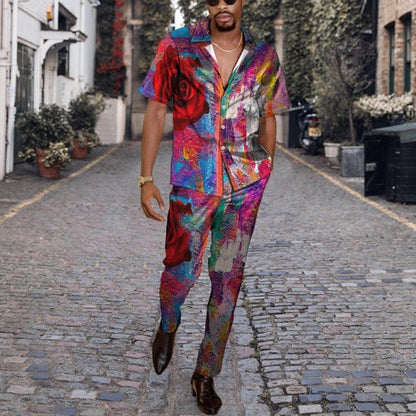 Men Casual Two Piece Sets Fashion Print Short Sleeve Shirts And Long Pant Suit Men's  Spring Summer Loose Outfits Streetwear