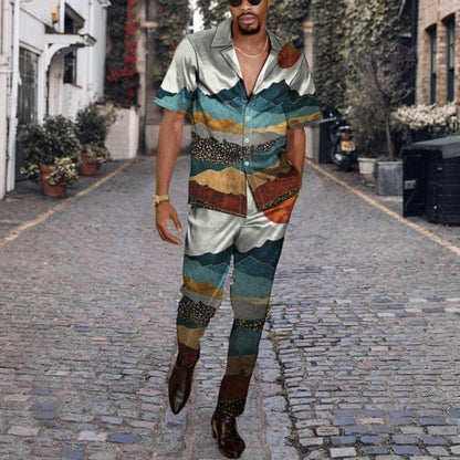Men Casual Two Piece Sets Fashion Print Short Sleeve Shirts And Long Pant Suit Men's  Spring Summer Loose Outfits Streetwear