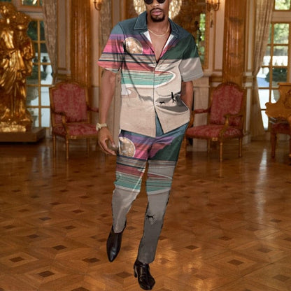 Men Casual Two Piece Sets Fashion Print Short Sleeve Shirts And Long Pant Suit Men's  Spring Summer Loose Outfits Streetwear