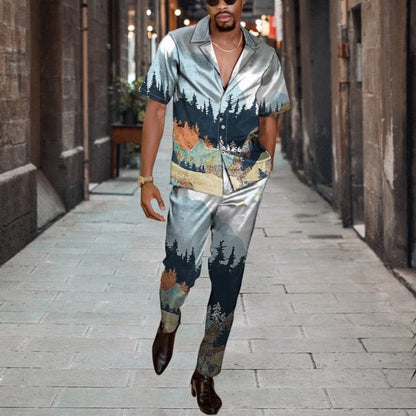 Men Casual Two Piece Sets Fashion Print Short Sleeve Shirts And Long Pant Suit Men's  Spring Summer Loose Outfits Streetwear