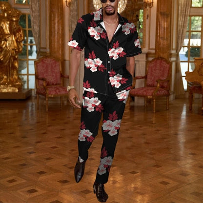 Men Casual Two Piece Sets Fashion Print Short Sleeve Shirts And Long Pant Suit Men's  Spring Summer Loose Outfits Streetwear