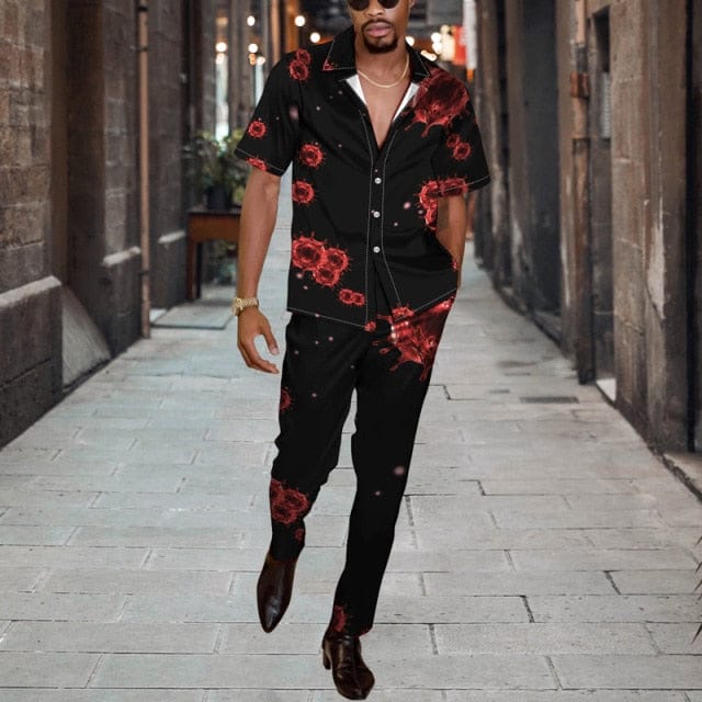 Men Casual Two Piece Sets Fashion Print Short Sleeve Shirts And Long Pant Suit Men&#39;s 2022 Spring Summer Loose Outfits Streetwear