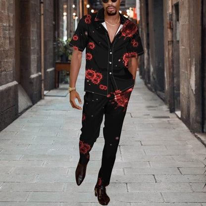 Men Casual Two Piece Sets Fashion Print Short Sleeve Shirts And Long Pant Suit Men's  Spring Summer Loose Outfits Streetwear