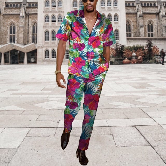Men Casual Two Piece Sets Fashion Print Short Sleeve Shirts And Long Pant Suit Men&#39;s 2022 Spring Summer Loose Outfits Streetwear