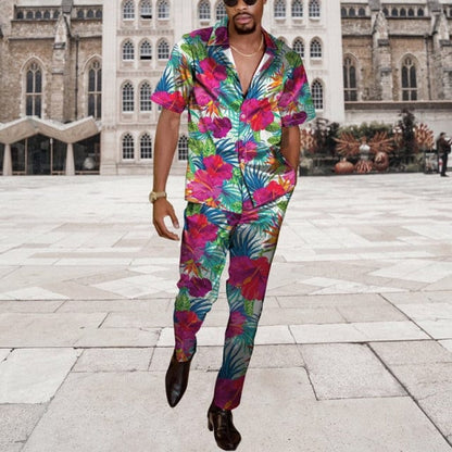 Men Casual Two Piece Sets Fashion Print Short Sleeve Shirts And Long Pant Suit Men's  Spring Summer Loose Outfits Streetwear