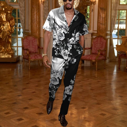 Men Casual Two Piece Sets Fashion Print Short Sleeve Shirts And Long Pant Suit Men's  Spring Summer Loose Outfits Streetwear