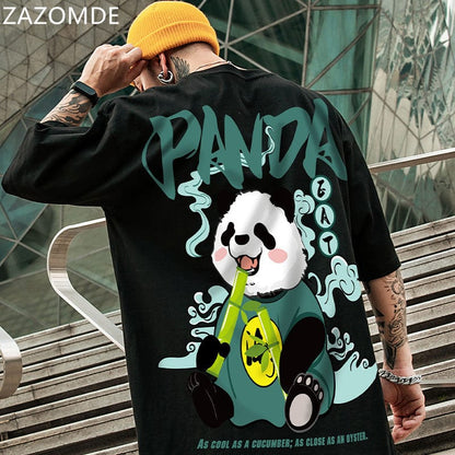 ZAZOMDE  Hip Hop Tees T-Shirt Chinese Style Panda Harajuku Loose Men T Shirt Casual Summer New Oversized Male Punk Clothes