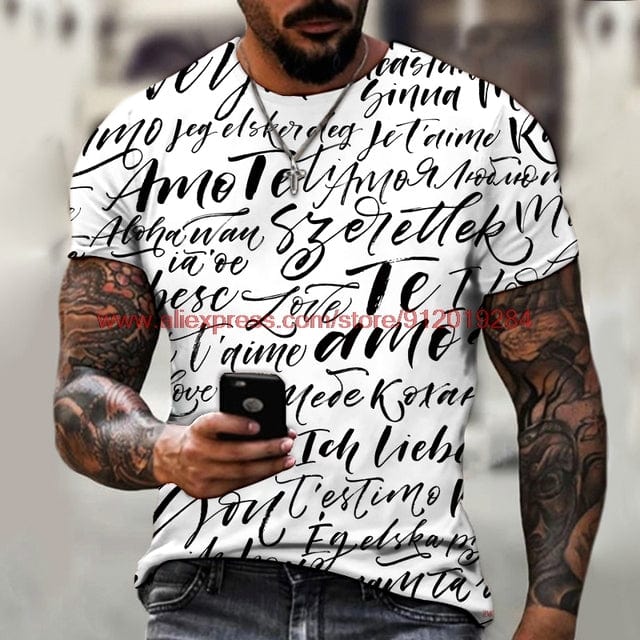 Original Letter Print T-Shirt Men Summer Round Neck Short Sleeve Street Fashion