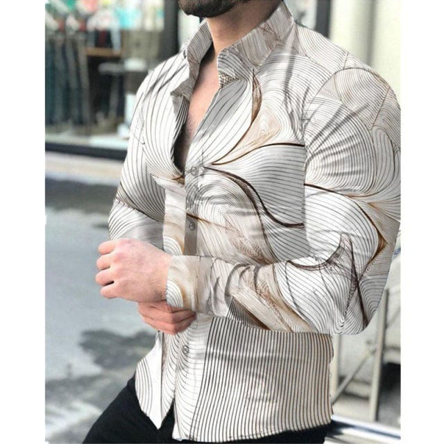 Men Shirts Turn-down Collar Buttoned Shirt Casual Print Long Sleeve Tops Men's Clothes Cardigan