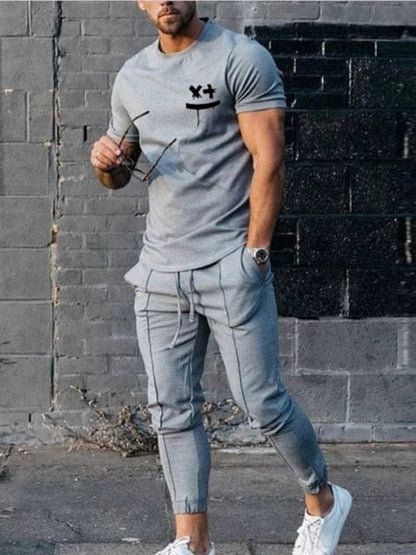 Spring Summer Men Casual Two Piece Sets Fashion Printed Short Sleeve T-shirts And Slim Pants Suit Mens Sportswear Outfits