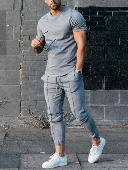 Spring Summer Men Casual Two Piece Sets Fashion Printed Short Sleeve T-shirts And Slim Pants Suit Mens Sportswear Outfits