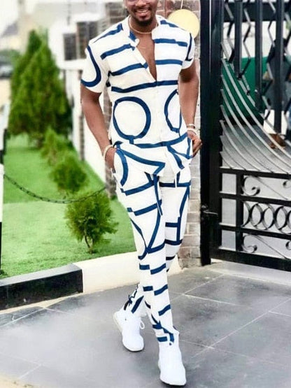 Spring Summer Men's Casual Two Piece Sets Short Sleeve Tops And Long Pants Suit  Fashion Pattern Print Outfit Men Streetwear