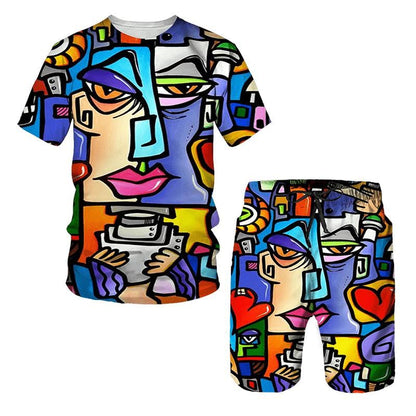 Hip Hop T Shirt Mens Graffiti Print Set Short Sleeve Summer Casual T-shirt/Shorts/Two Piece Suit  New Fashion Men's Clothing