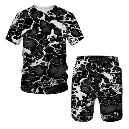 Hip Hop T Shirt Mens Graffiti Print Set Short Sleeve Summer Casual T-shirt/Shorts/Two Piece Suit  New Fashion Men's Clothing