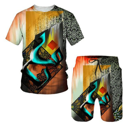 Hip Hop T Shirt Mens Graffiti Print Set Short Sleeve Summer Casual T-shirt/Shorts/Two Piece Suit  New Fashion Men's Clothing