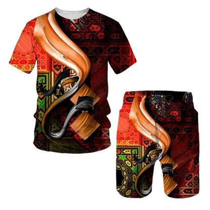 Hip Hop T Shirt Mens Graffiti Print Set Short Sleeve Summer Casual T-shirt/Shorts/Two Piece Suit  New Fashion Men's Clothing