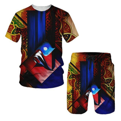 Hip Hop T Shirt Mens Graffiti Print Set Short Sleeve Summer Casual T-shirt/Shorts/Two Piece Suit  New Fashion Men's Clothing