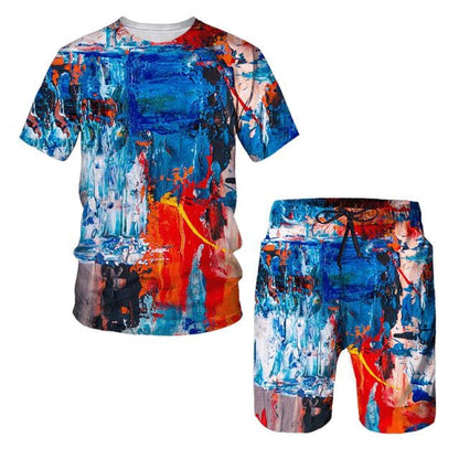 Hip Hop T Shirt Mens Graffiti Print Set Short Sleeve Summer Casual T-shirt/Shorts/Two Piece Suit  New Fashion Men's Clothing