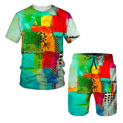 Hip Hop T Shirt Mens Graffiti Print Set Short Sleeve Summer Casual T-shirt/Shorts/Two Piece Suit  New Fashion Men's Clothing