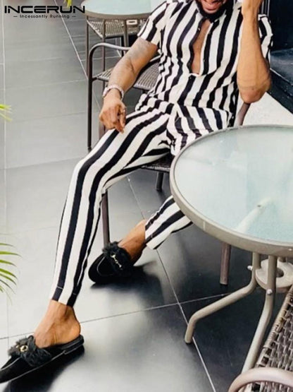 Men Striped Sets Streetwear Lapel Short Sleeve Shirt &amp; Long Pants Two Pieces Loose Fashion Men Casual Suits S-5XL INCERUN