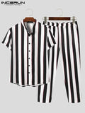 Men Striped Sets Streetwear Lapel Short Sleeve Shirt &amp; Long Pants Two Pieces Loose Fashion Men Casual Suits S-5XL INCERUN