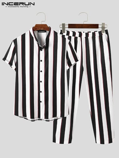 Men Striped Sets Streetwear Lapel Short Sleeve Shirt &amp; Long Pants Two Pieces Loose Fashion Men Casual Suits S-5XL INCERUN