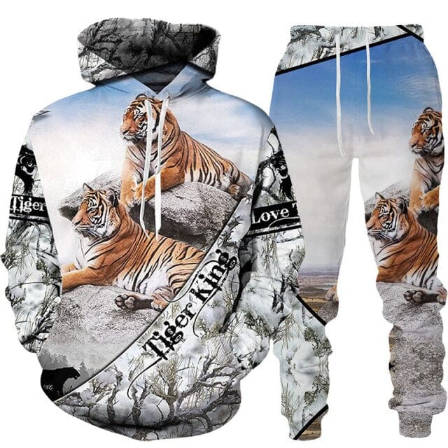 New Animal 3D Tiger Printed Hoodie + Pants Suit Spring Autumn Men&#39;s Casual Sweashirt Men/Women 2 Pcs Sportwear Tracksuit Set