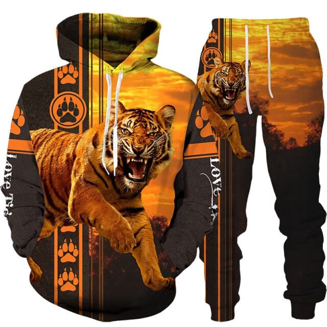 New Animal 3D Tiger Printed Hoodie + Pants Suit Spring Autumn Men&#39;s Casual Sweashirt Men/Women 2 Pcs Sportwear Tracksuit Set