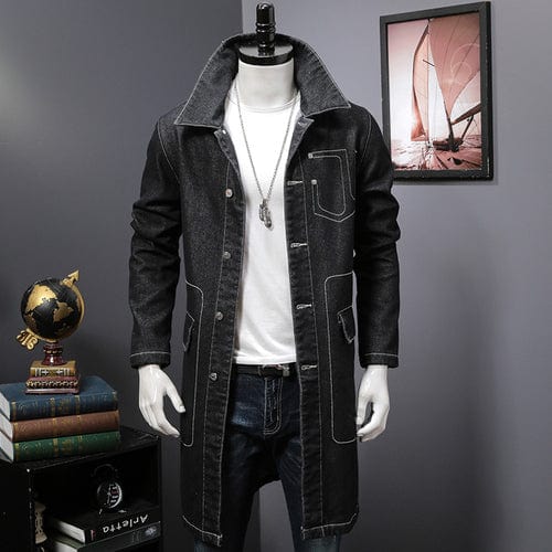 Mens Fashion Long Denim Trench Coat Slim Fit Korean Pockets Black H1